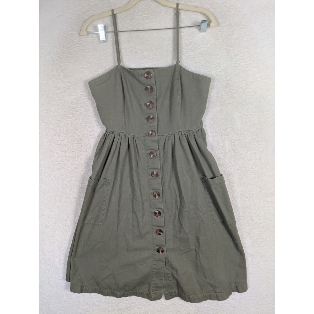 Forever 21 Dress Women's M Olive Green Button Down Sleeveless Pockets Smocked
